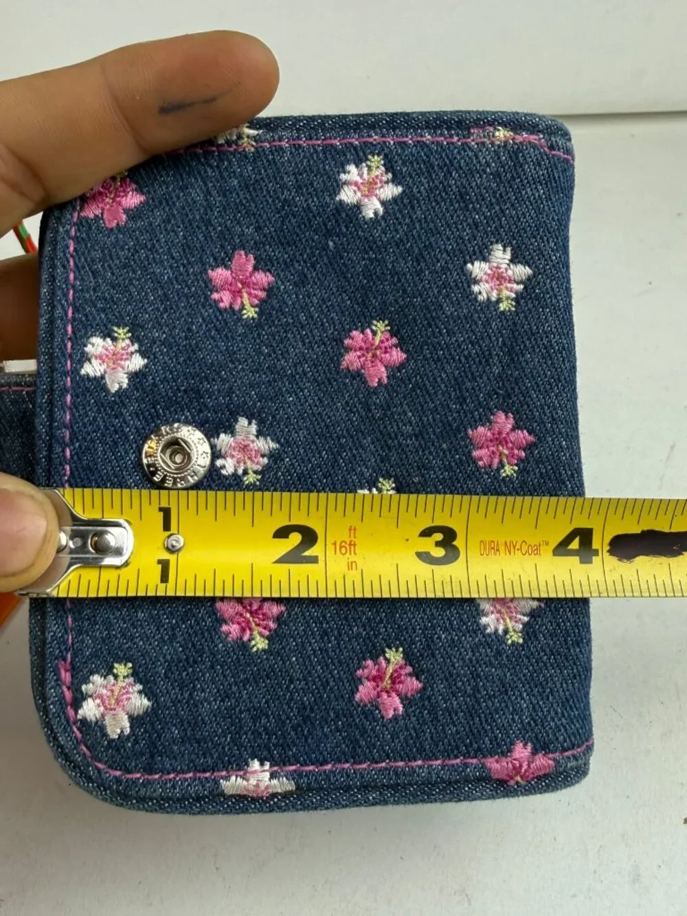 Sunny Hawaii Blue Denim Floral Embroidered Snap Zip Bifold Wallet Sun Charm